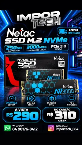 SSD M.2 NVMe Netac 250GB 3000MB/s PCIE 3.0.