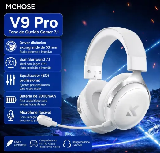 Headset Gamer Mchose V9 Pro Sem Fio Bluetooth Wireless Branco Com Cinza