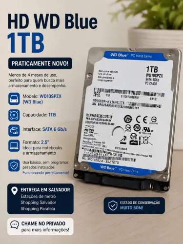 Vendo HD WD Blue 1TB (WD10SPZX), SATA 6 Gb/s, 2,5"