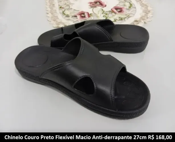 Chinelo Couro Preto Flexível Macio Anti-derrapante 27cm 40
