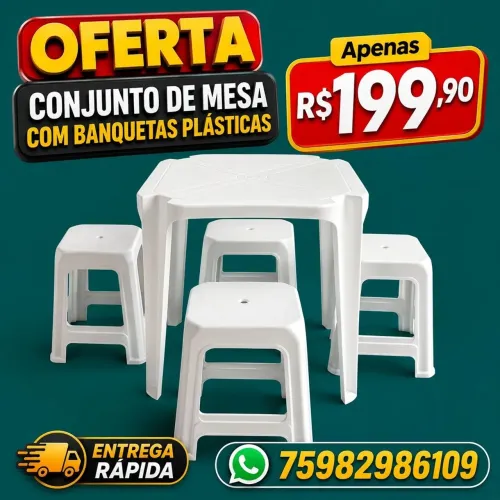 Conjunto de mesa e banquetas plásticas - Promoção