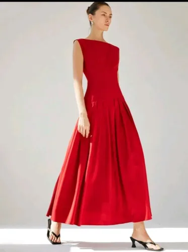 Vestido Social Feminino Vermelho Longo Plissado Elegante SHEIN