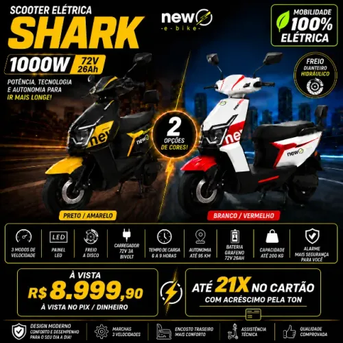 Scooter Elétrica New E-Bike Shark 1000W 72V Grafeno Até 95km Autonomia