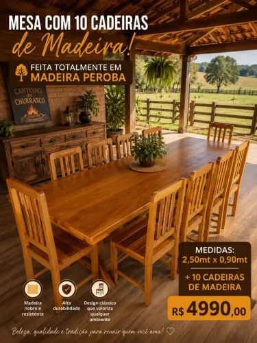 MESA DE MADEIRA MAÇIÇA (PEROBA) P/ AREA GOURMET MEDINDO 2,50MT X 0,90MT + 10 CADEIRAS