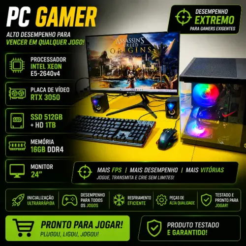 Pc Gamer Xeon e5-2640v4 Placa Vídeo RTX 3050 16gb Ram Ddr4 Ssd 512gb Hd 1Tb tela 24