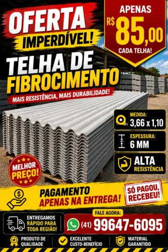 Telha 3.66 x 1.10 6mm Fibrocimento ( Pagamento apenas na Entrega )