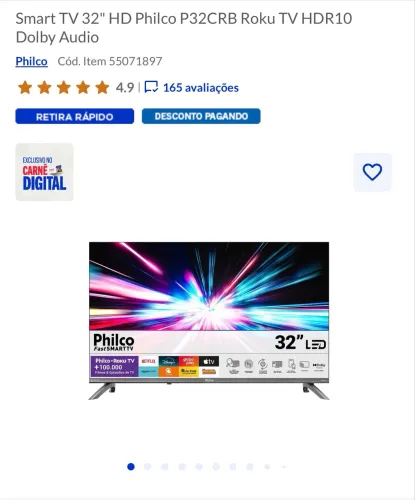 Smart TV 32" HD Philco P32CRB Roku TV HDR10 Dolby Audio