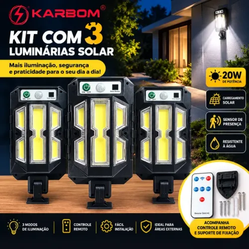 Kit 3 Luminárias Solares LED 20W Com Sensor Presença e Controle Remoto