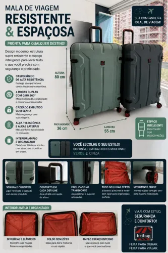 Mala de Viagem Grande Bribag - Rígida, 4 Rodas - Verde ou Cinza