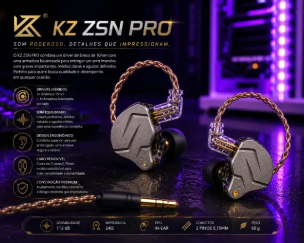 Fone de ouvido KZ ZSN PRO - Aprovado por músicos, cantores e djs 