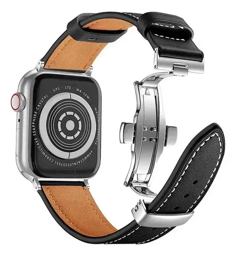 Pulseira de couro para Apple Watch 38 ao 49mm fecho Borboleta