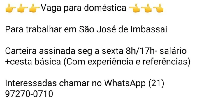 Vaga Doméstica - São José de imbassai