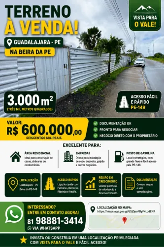 Terreno Comercial/Residencial 3.000 m² na Beira da PE-149 | Guadalajara-PE | R$ 600.000