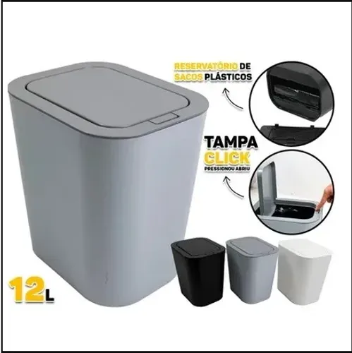 Lixeira Click 12l Tonk Preta Banheiro/cozinha/escritório Cor Cinza-claro