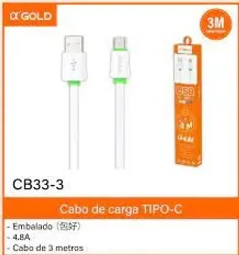 Cabo Usb 3m Tipo C De Dados Carrega Rapido Turbo Ios 3M 4.8A Agold