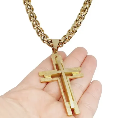 Cordão Grosso 70 Cm + Pingente Grande Cruz Folheado Ouro 18k + Brinde Pulseira