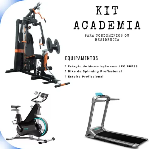 Kit Academia Completo para Condomínios - Estação de Musculação, Esteira e Bike Spinning