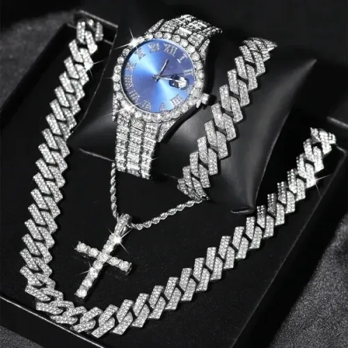 Kit Iced Cravejado Completo 4 Peças Corrente Pulseira Relógio 