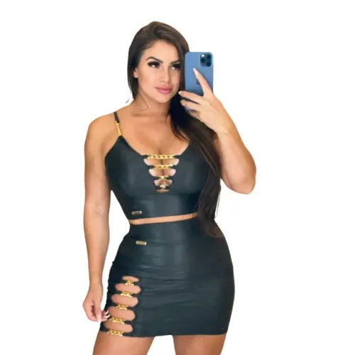 Sereia da Terra Saia Correntes Douradas Balada Moda Vermelho