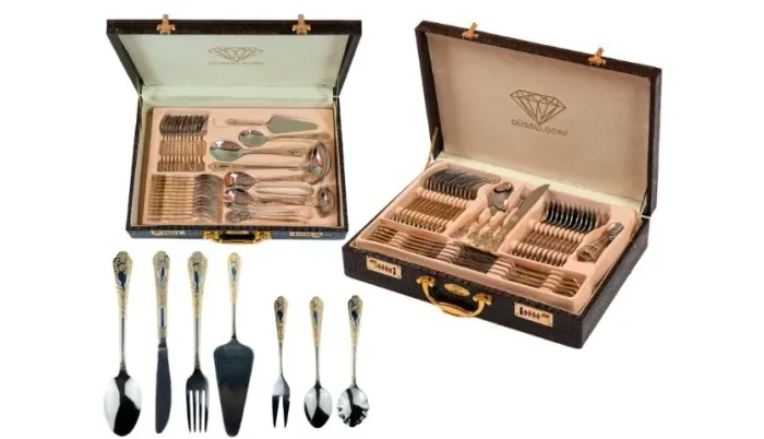 Kit Facas 84 peças Faqueiro Inox Banhado a Ouro 24k Com Maleta