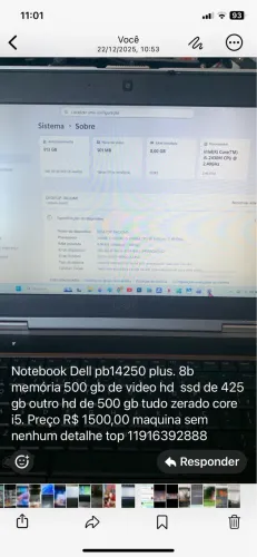 Notebook Dell 14250 hd ssd 425 8gb memória 530 gb video