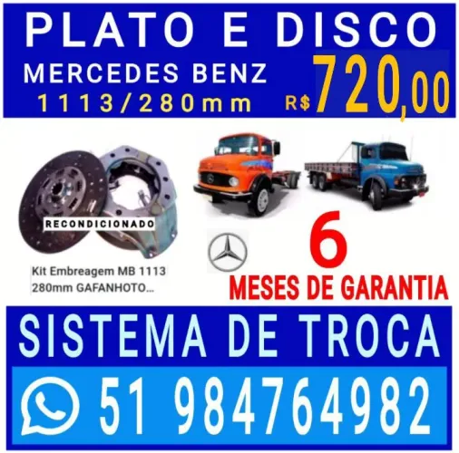EMBREAGEM RECONDICIONADO KIT PLATO E DISCO DO CAMINHÃO MERCEDES BENZ 1111,1113 COM 280 MM