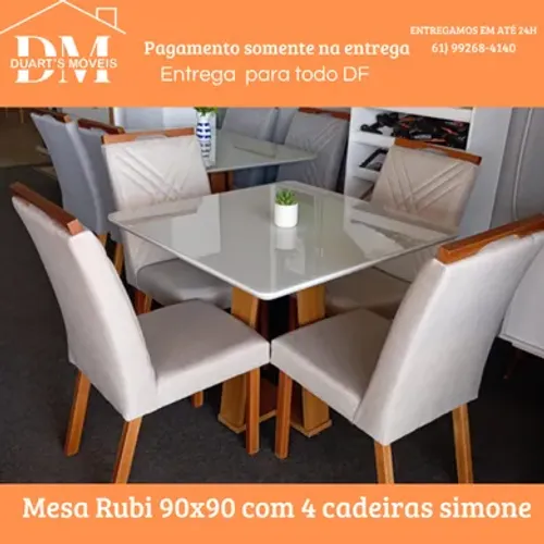 Mesa Rubi 90x90 com 4 cadeiras simone-Preço de Fábrica e Pagamento Só na Entrega