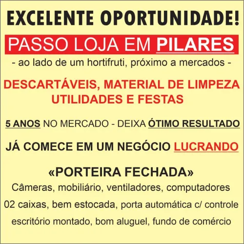 Passo ponto loja descartáveis, mat limpeza, utilidades e festas em Pilares