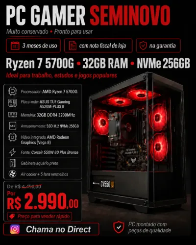 PC Gamer Seminovo Ryzen 7 5700G 32GB RAM SSD NVMe 256GB + Garantia