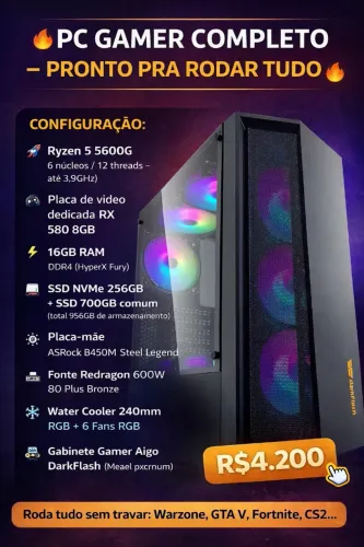 PC Gamer Ryzen 5 5600G RX 580 8GB 16GB RAM SSD 956GB