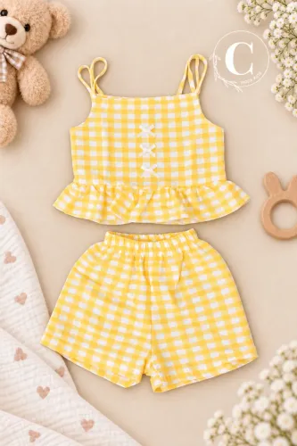 Conjunto Infantil Menina Xadrez Amarelo