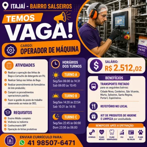 OPERADOR DE MAQUINA - ITAJAI/BAIRRO SALSEIROS
