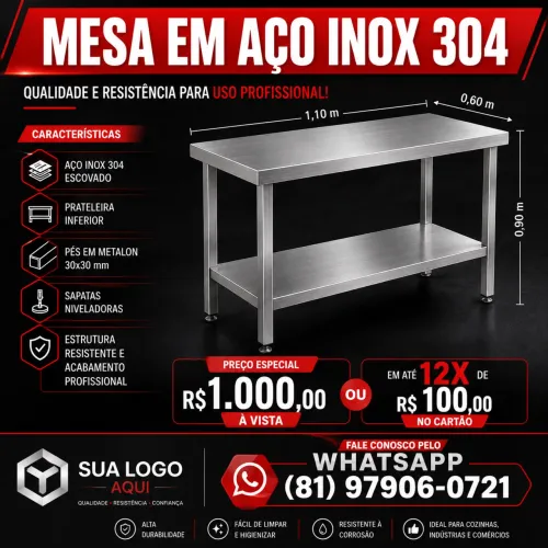 Mesa inox 304 com prateleira inferior