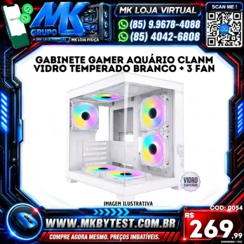 Gabinete Gamer aquário Clanm Vidro Temperado branco + 3 fan