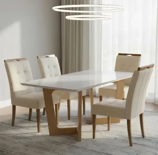 Mesa Aurora 120 Cinamomo com 4 Cadeiras Estilo Linho Bege