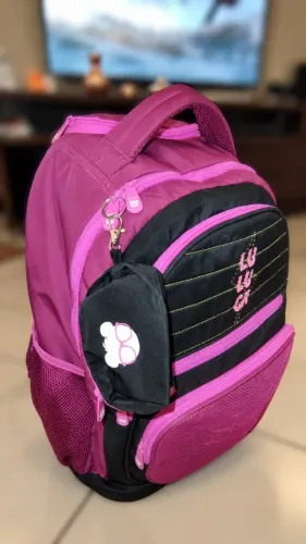 Mochila Luluca Rosa Preta Nylon com Rodinhas Grande Capacidade Escolar