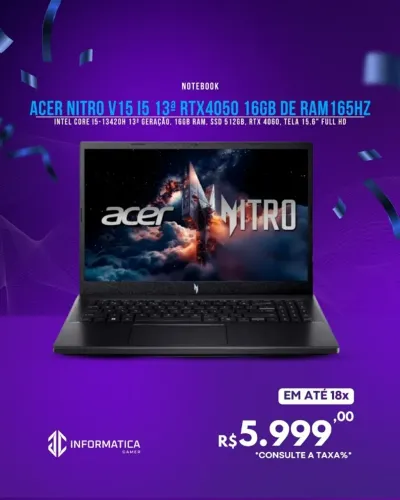 NOTEBOOK ACER NITRO V15 i5 13ª RTX4050 16 DE RAM 165HZ