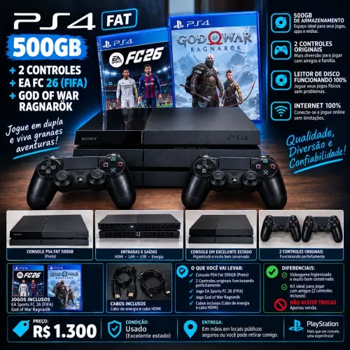 PS4 Fat 500GB + 2 Controles + EA FC 26 (FIFA) e God of War Ragnarok