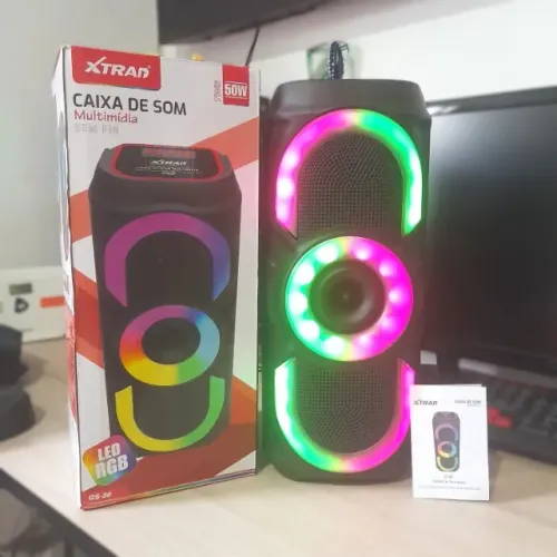 Caixa de Som Bluetooth Portátil 50W com LED RGB, USB, FM