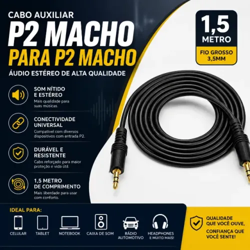 Cabo auxiliar de áudio estéreo P2 (macho) × P2 (macho) bem reforçado (1,5 metro) fio