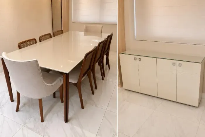 Conjunto de mesa de jantar com cadeiras e aparador