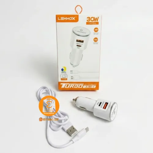 Carregador turbo PD 30w para Carro, Veicular Cinzeiro, Moto 1 Porta USB e 1 TIPO-C + Cabo