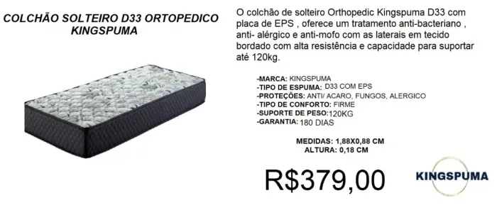 Colchão solteiro espuma d33 ortopédico kingspuma - frete grátis