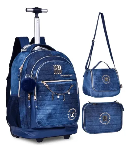 Kit Mochila Carrinho Jeans, estojo e lancheira Rebecca Bonbon RB 24060