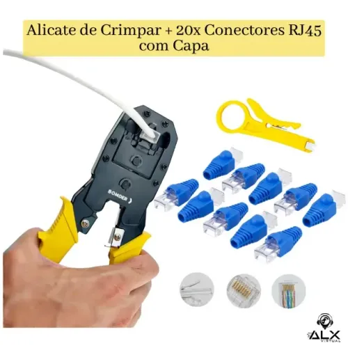 Alicate de Crimpagem + 20 Conectores Rj45 Cat5e + Capa P/ Plug *ENTREGA GRÁTIS*