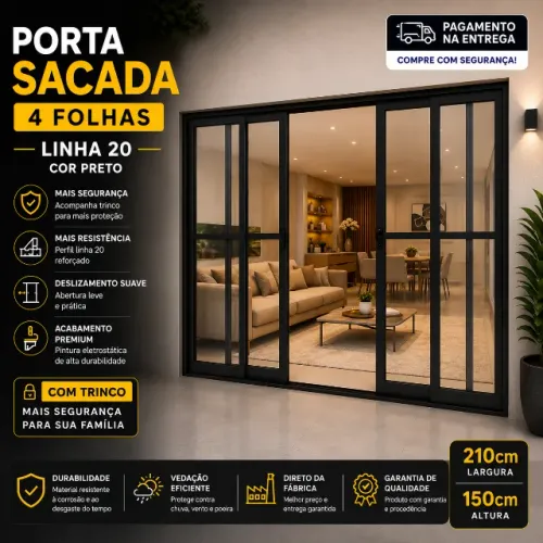 porta sacada 4 folhas  210x150 linha 20 cor preto com trinco 