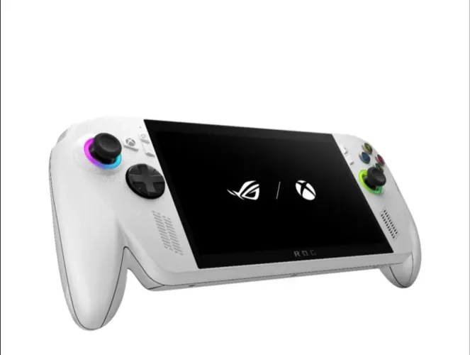 ROG Ally na versão branca, um console portátil para jogos com Windows.