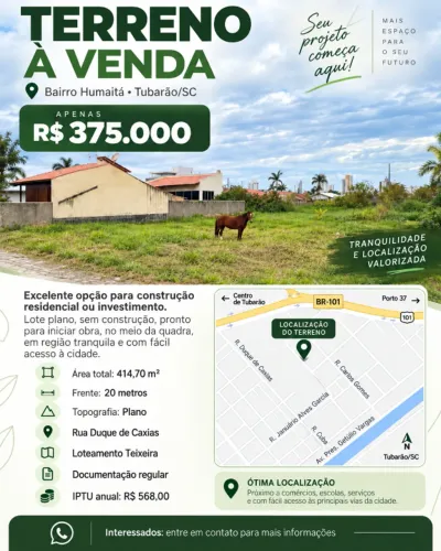 Terreno 414 m² no Humaitá - Tubarão/SC | 20 m de frente