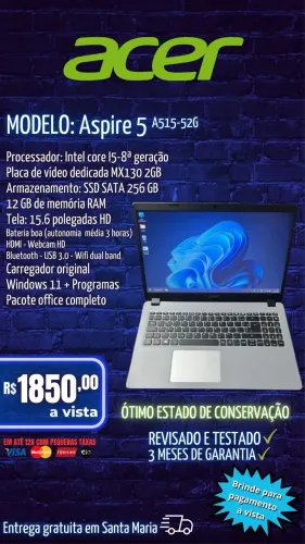 Notebook Acer I5-8ª/ssd/12gb/placa de vídeo 