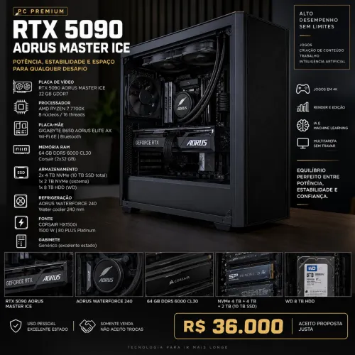 PC Gamer RTX 5090 AORUS MASTER ICE 32GB | Ryzen 7 | 64GB DDR5 | 10TB NVMe